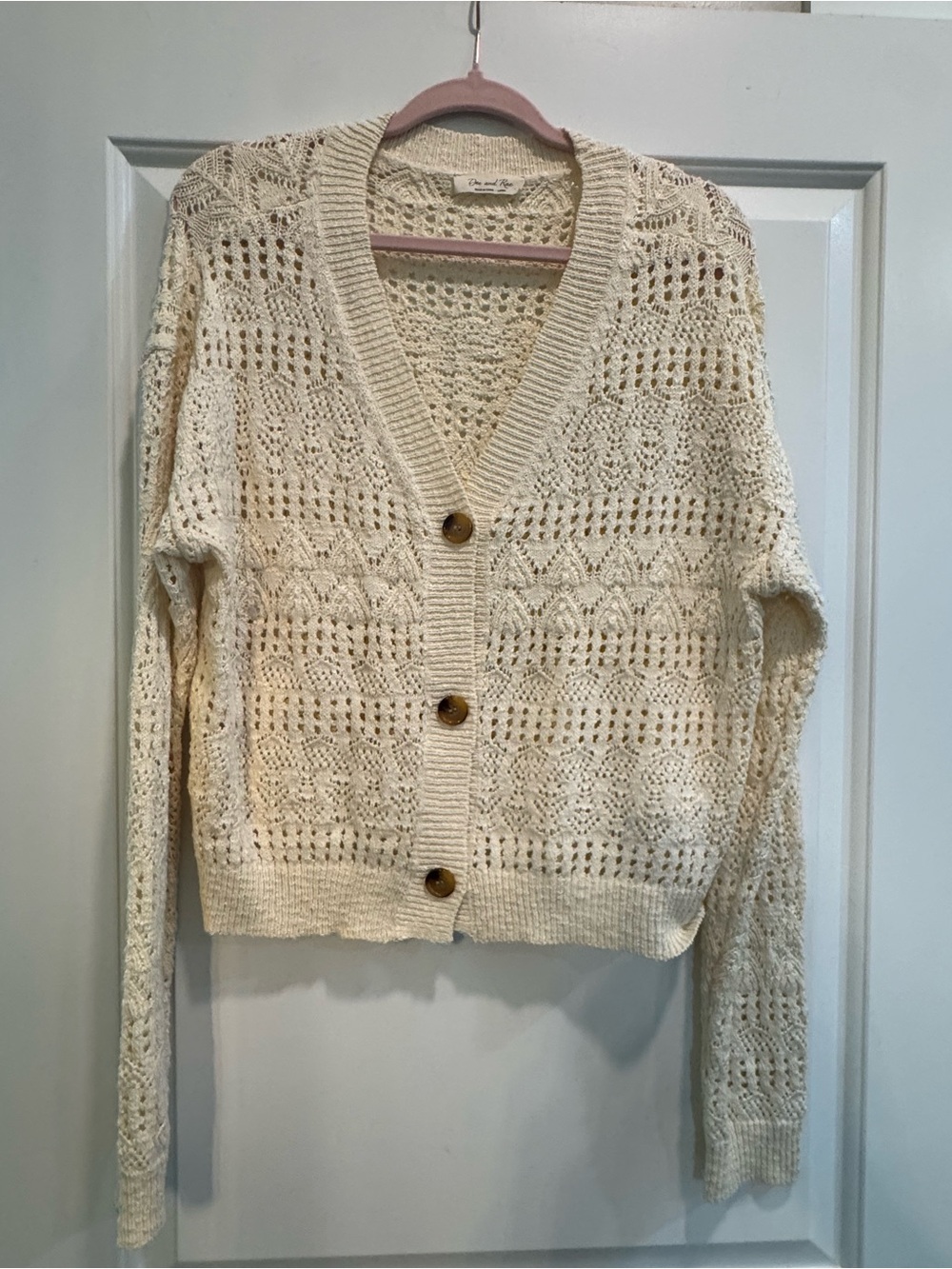 Doe & Rae Open-Knit Button Cardigan in Cream